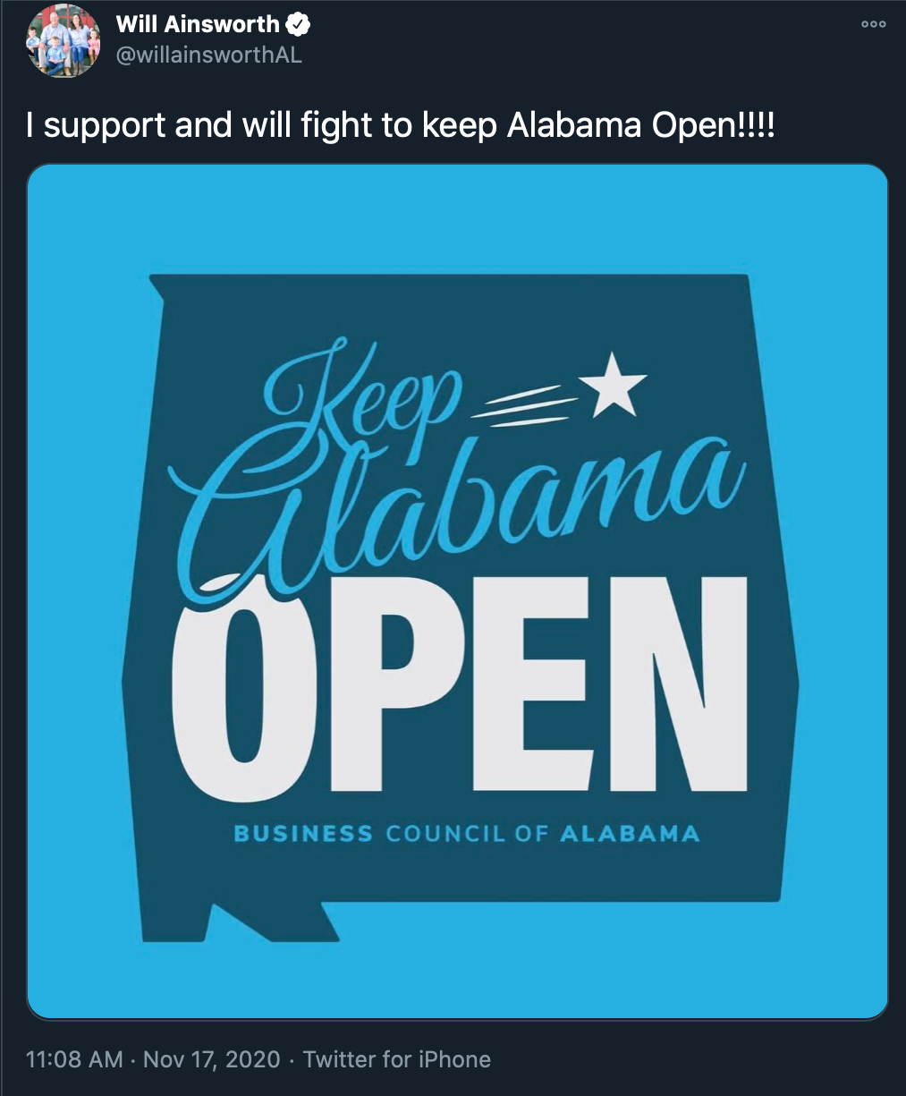 Will Ainsworth 'Keep Alabama Open' tweet